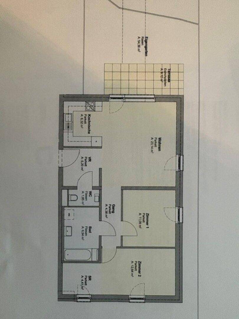 Grundriss der Wohnung mit drei Zimmern, Bad, WC und eigenem Gartenanteil.