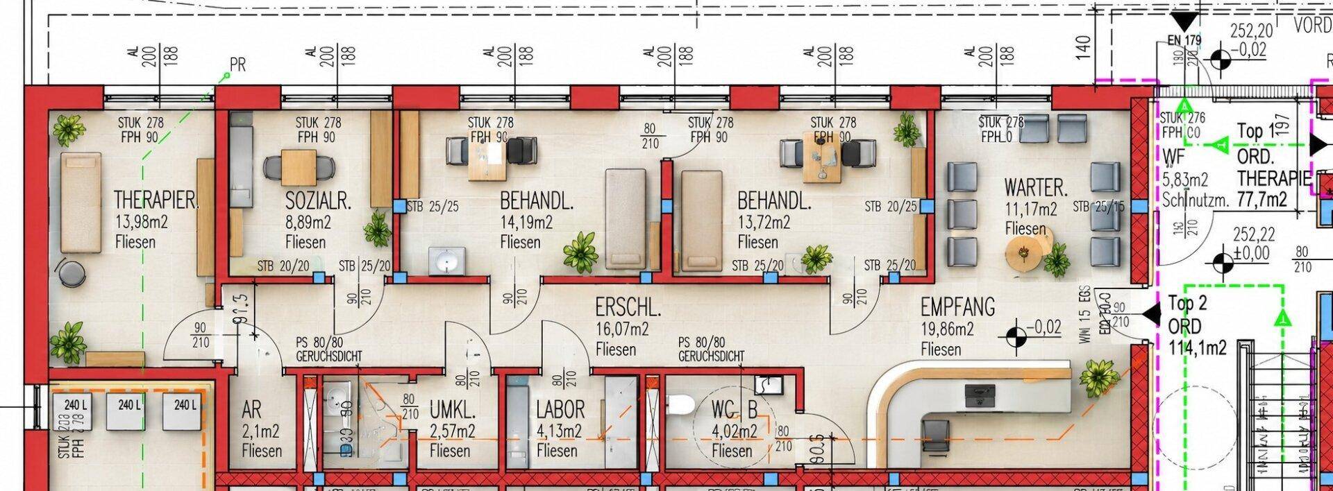 Detaillierter Grundriss einer Etage mit mehreren Behandlungsräumen, Empfang und Labor.