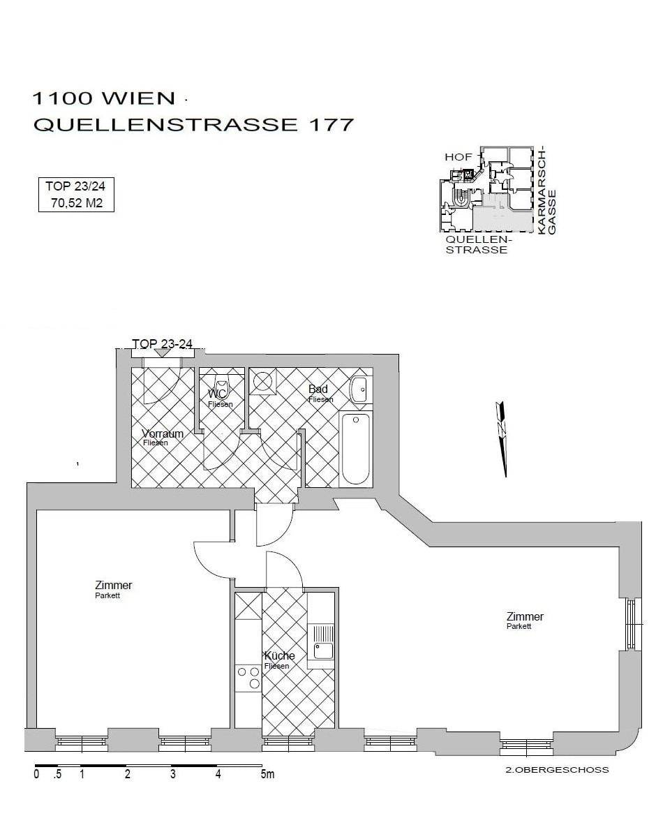 Grundriss des 2. Obergeschosses mit Zimmern, separater Küche, Bad und WC.