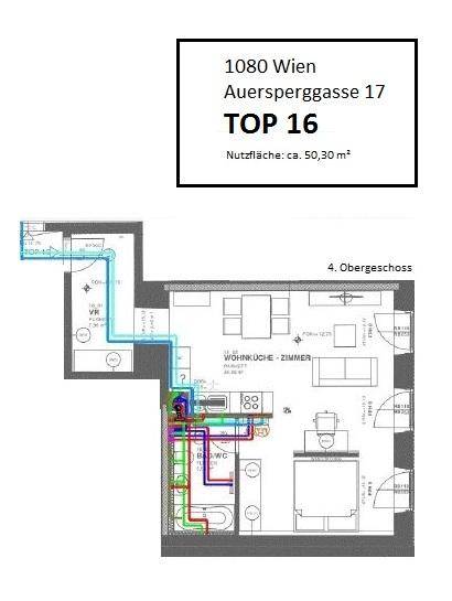 Grundriss der Wohnung Top 16 im 4. Obergeschoss mit Wohnküche und Bad/WC.