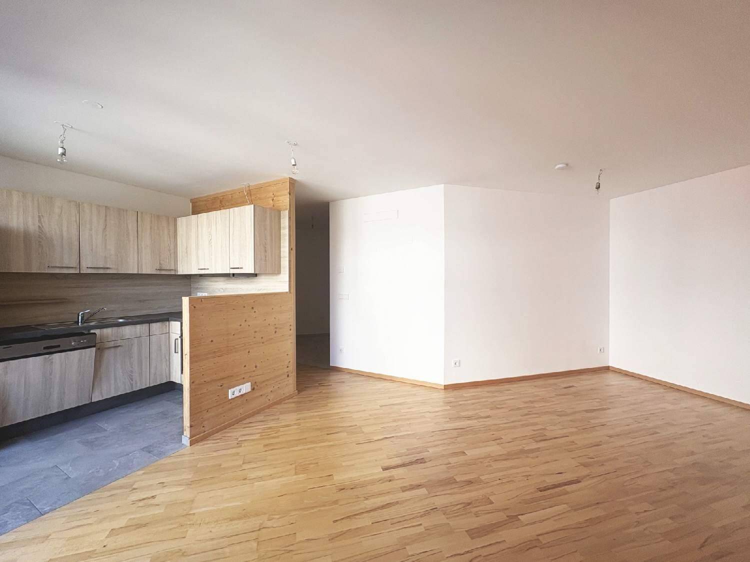 Heller Wohnbereich mit Holzboden und integrierter Küchenzeile in modernem Design.