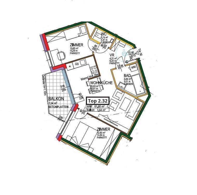 Detaillierter Grundriss der Wohnung mit Raumaufteilung und Flächenangaben.