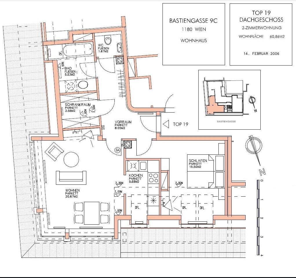 Grundriss der Dachgeschosswohnung mit zwei Zimmern und einer Wohnfläche von 60,86m².