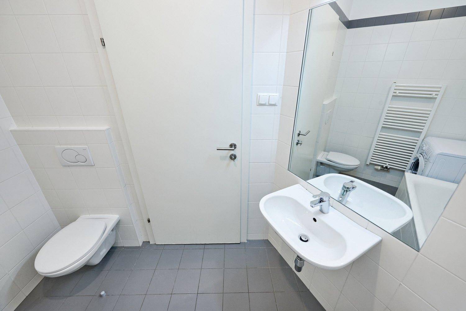 Helles Badezimmer mit Wand-WC, modernem Waschbecken und großem Spiegel.
