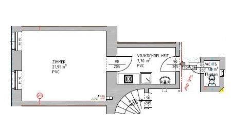 Grundriss einer Wohnung mit Zimmer, Vorraum/Kochgelegenheit und WC.