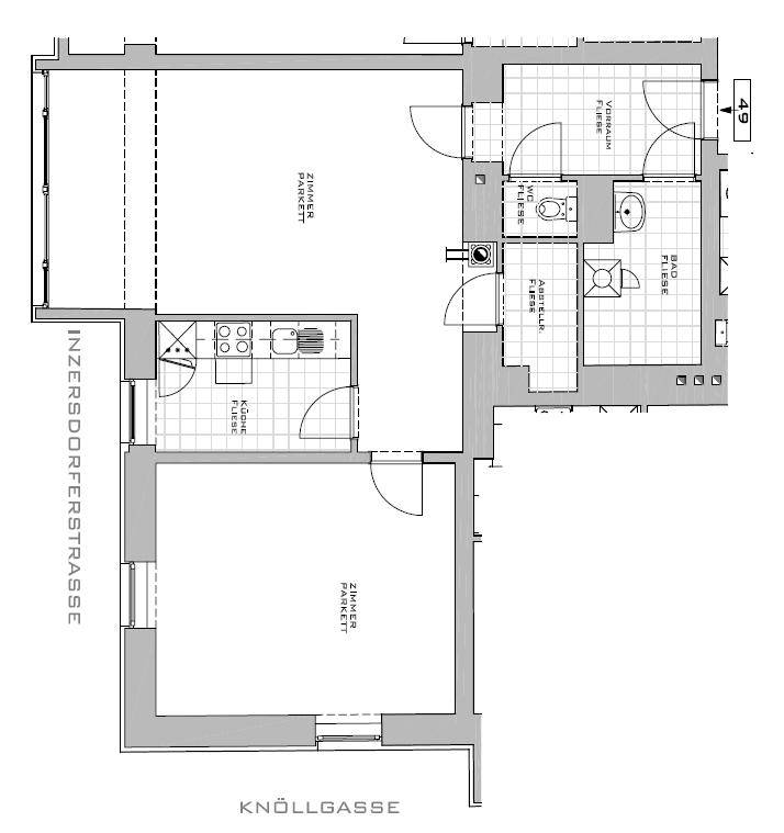 Grundriss einer Wohnung mit zwei Zimmern, Küche, Bad und separatem WC.