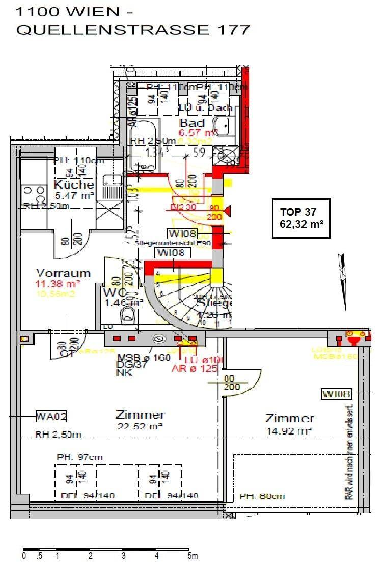 Grundriss der Wohnung mit Zimmern, Küche und Bad, Gesamtfläche 62,32 m².