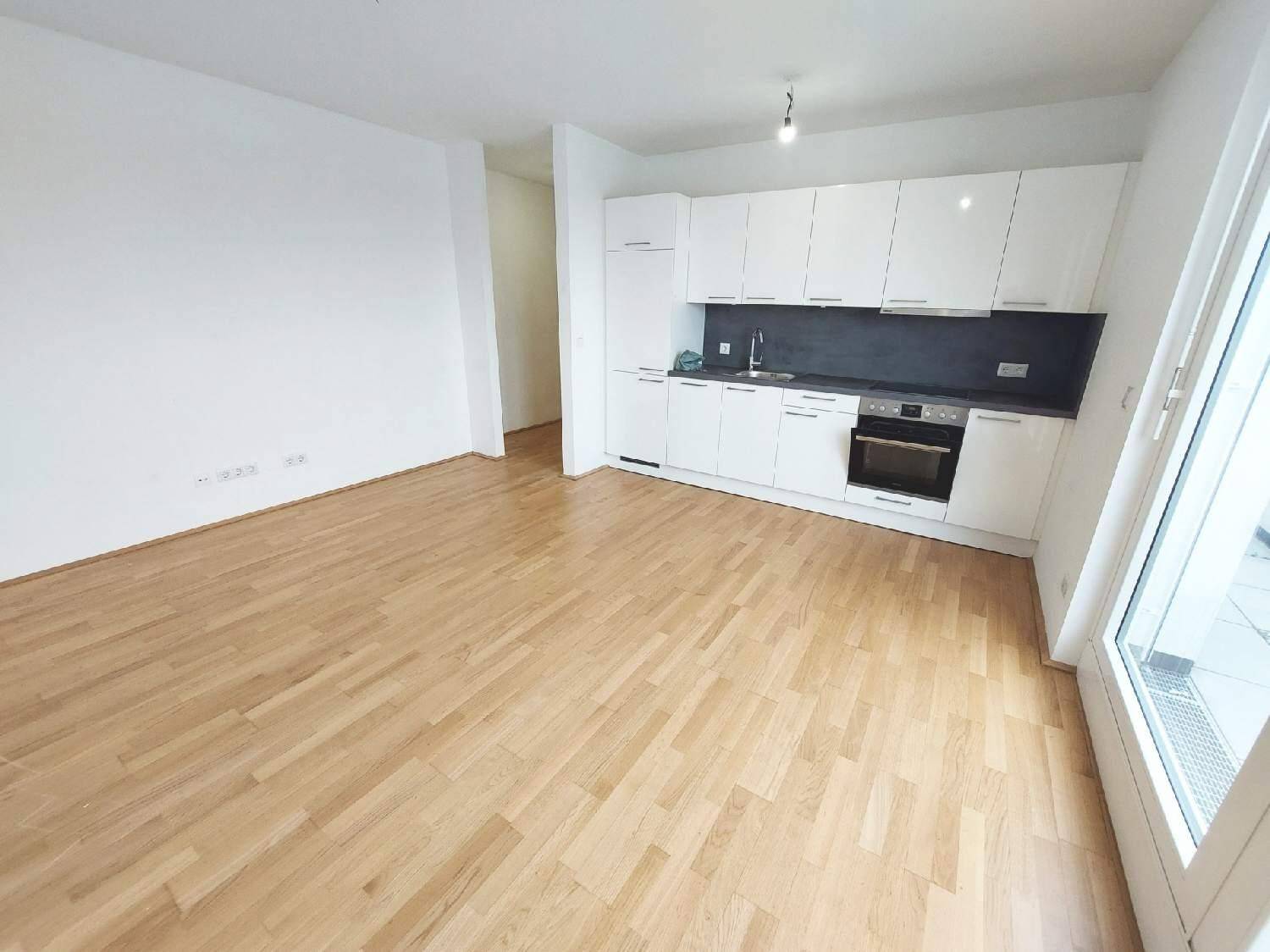 Offener Wohnbereich mit moderner Einbauküche, Holzboden und viel Tageslicht durch große Fenster.