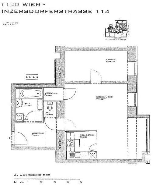 Grundriss einer Wohnung mit Wohnküche, Zimmer, Bad und separatem WC.