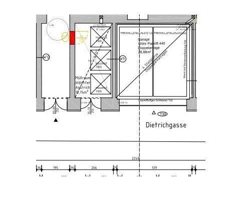 Grundrissplan des Garagen- und Müllraumbereichs im Erdgeschoss.