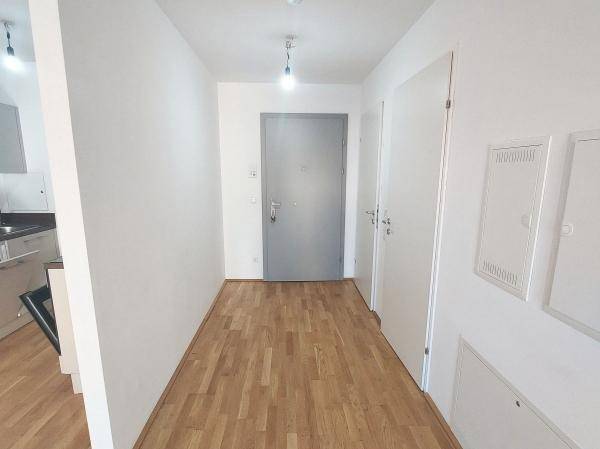 Heller Flur mit Parkettboden und Eingangstür, bietet einen freundlichen Empfangsbereich.
