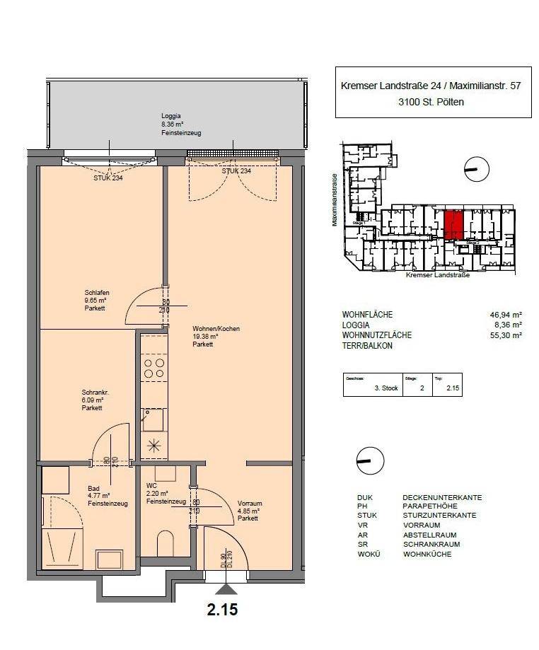 Detaillierter Grundriss einer Wohnung mit Schlafzimmer, Wohnküche, Bad, WC und Loggia.