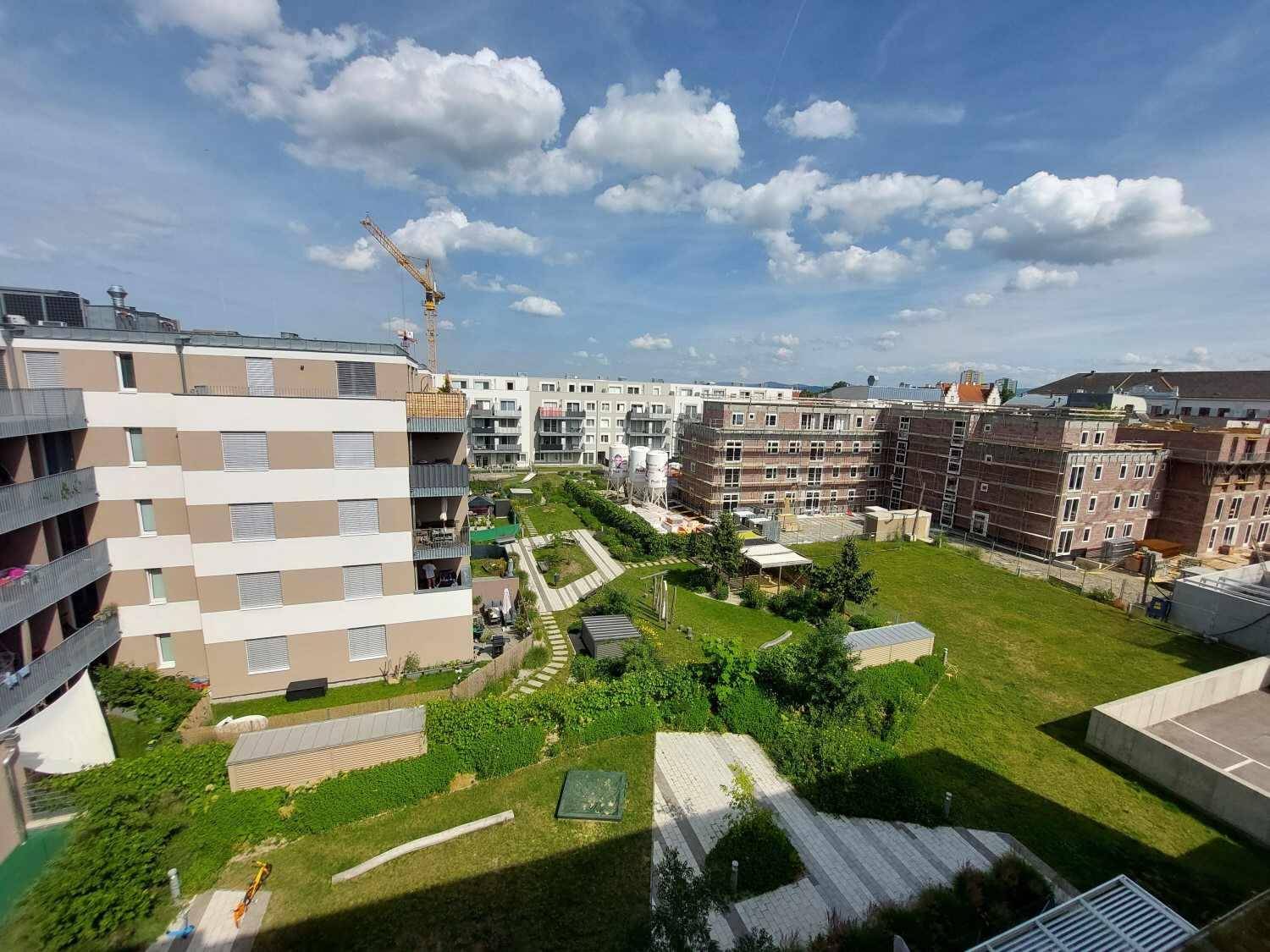Weitläufige Außenanlage mit Grünflächen und Neubauten in der Umgebung.