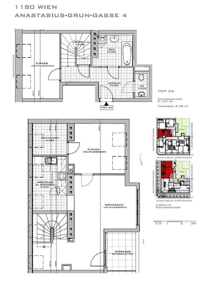 Grundriss des Dachgeschosses mit Wohnraum, Küche, Bad und Terrasse, Gesamtfläche 91,07 m².