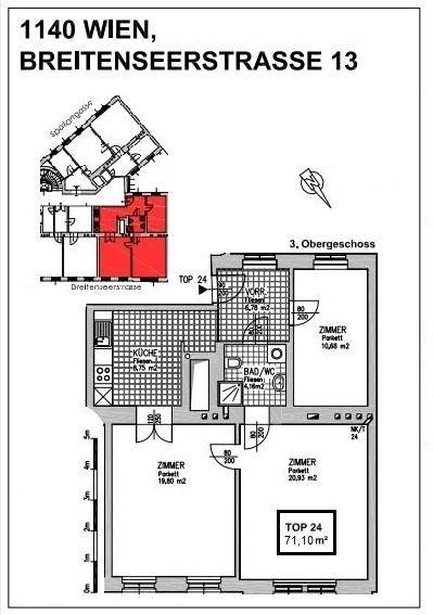 Grundriss der Wohnung Top 24 mit 71,10 m² und drei Zimmern im 3. Obergeschoss.