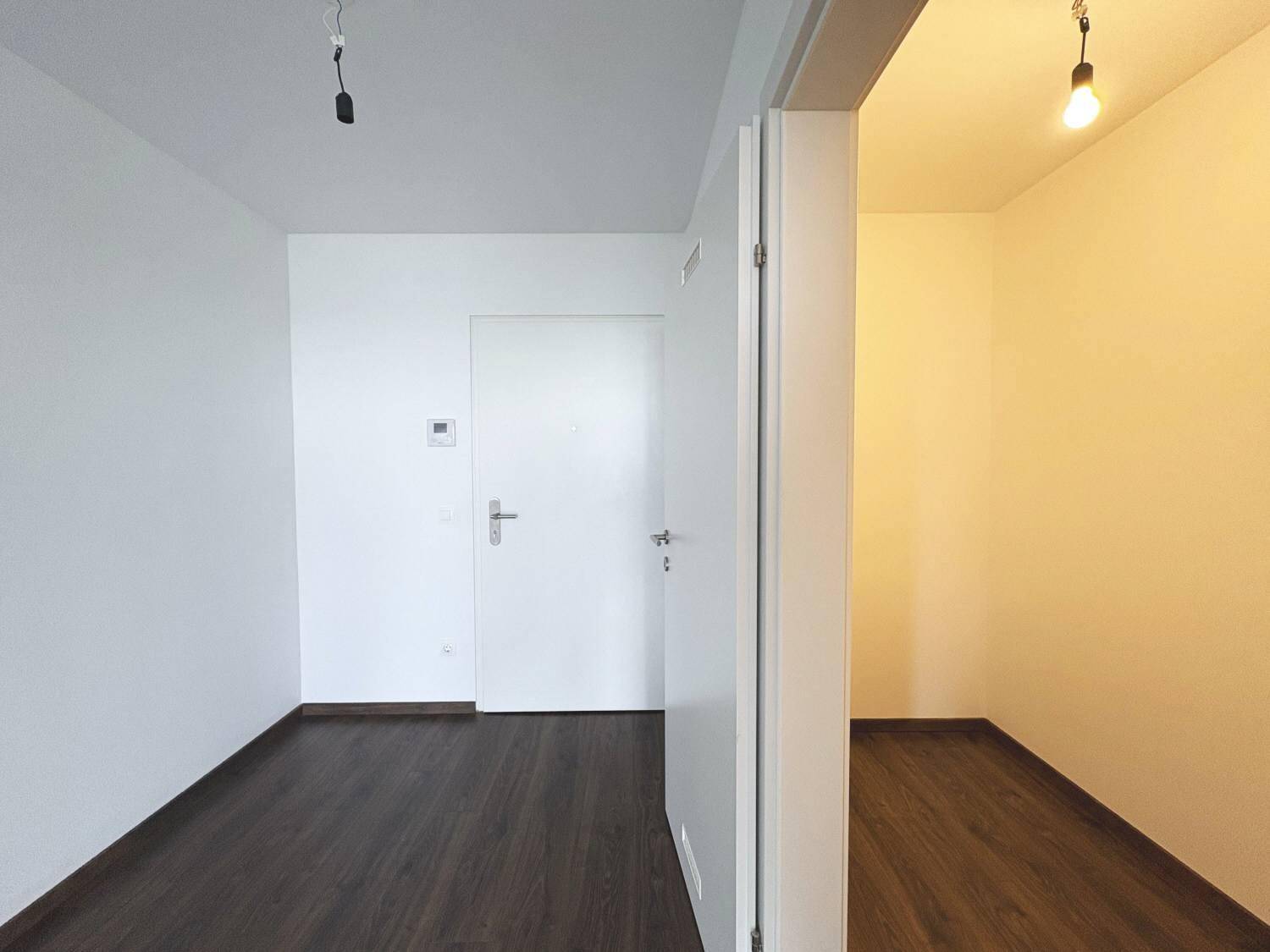 Heller Flur mit dunklem Laminatboden und weißen Wänden, der zu weiteren Räumen führt.