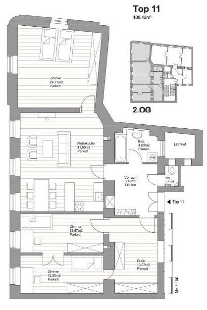 Detaillierter Grundriss der Wohnung Top 11 mit 108,42m² im 2. Obergeschoss.