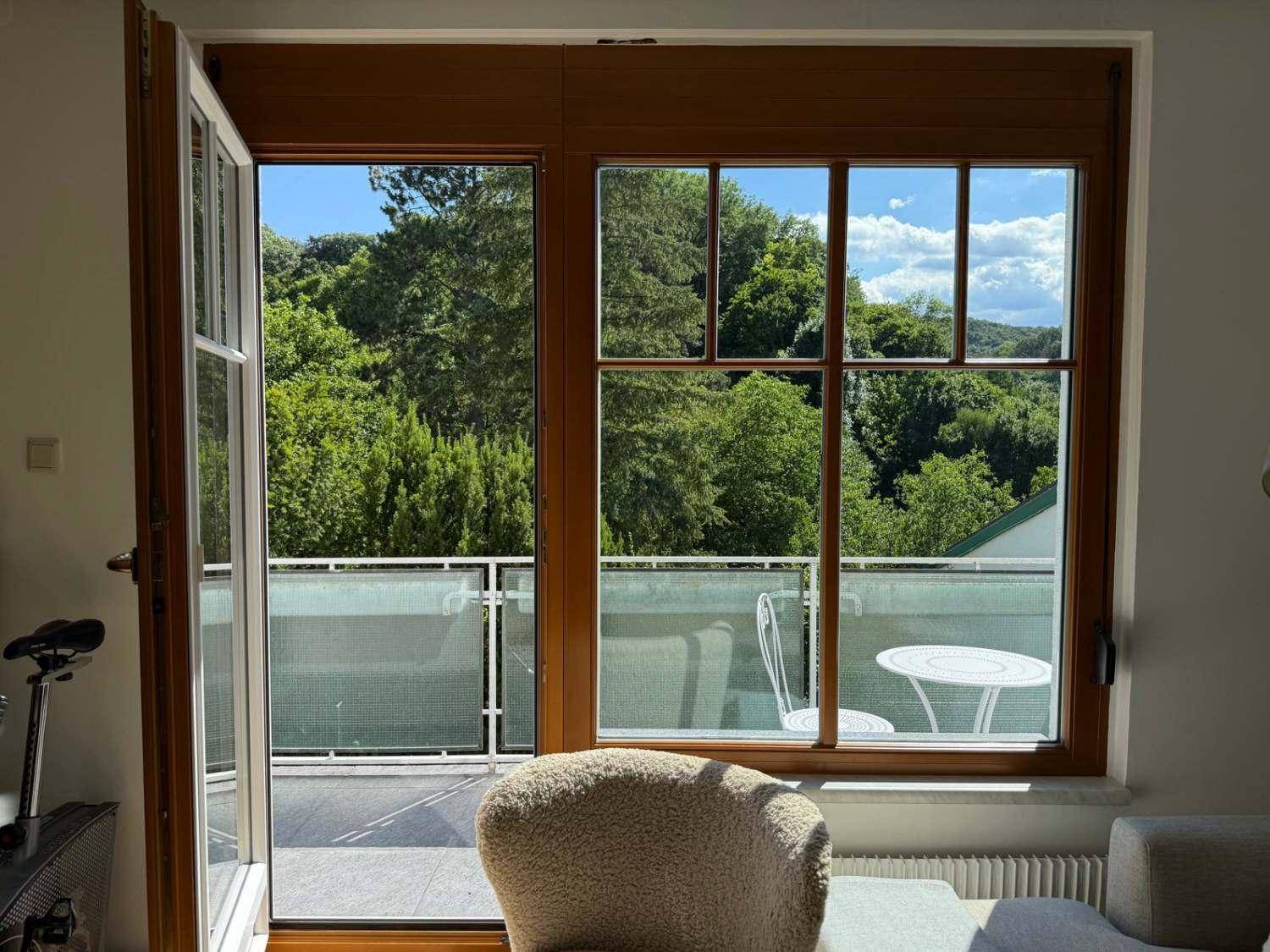 Große Fenster im Wohnzimmer mit Blick auf den Balkon und die grüne Umgebung.