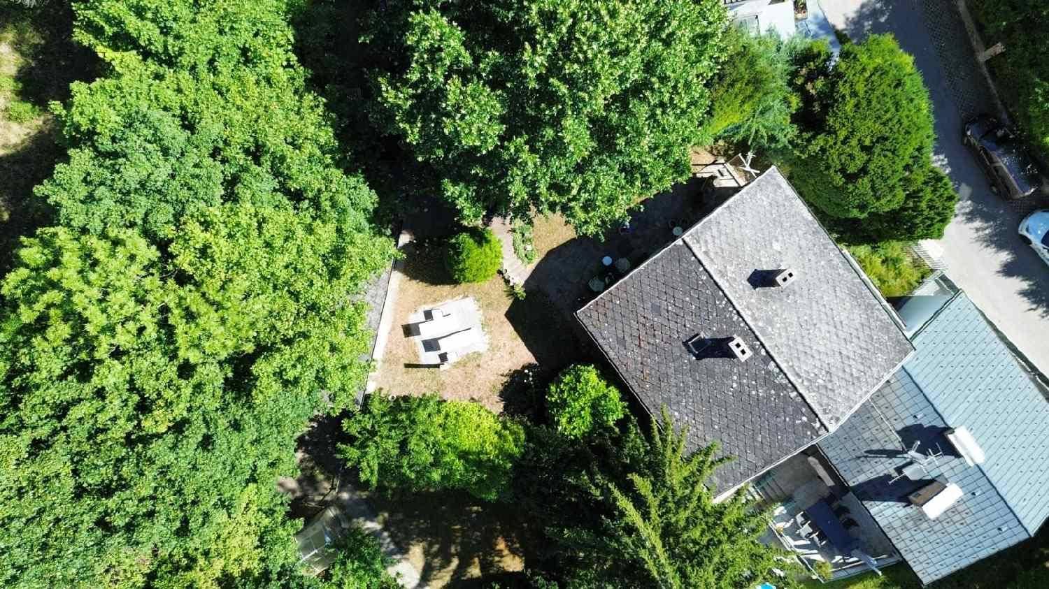 Vogelperspektive des Hauses mit Dach und umliegendem Gartenbereich mit Bäumen.
