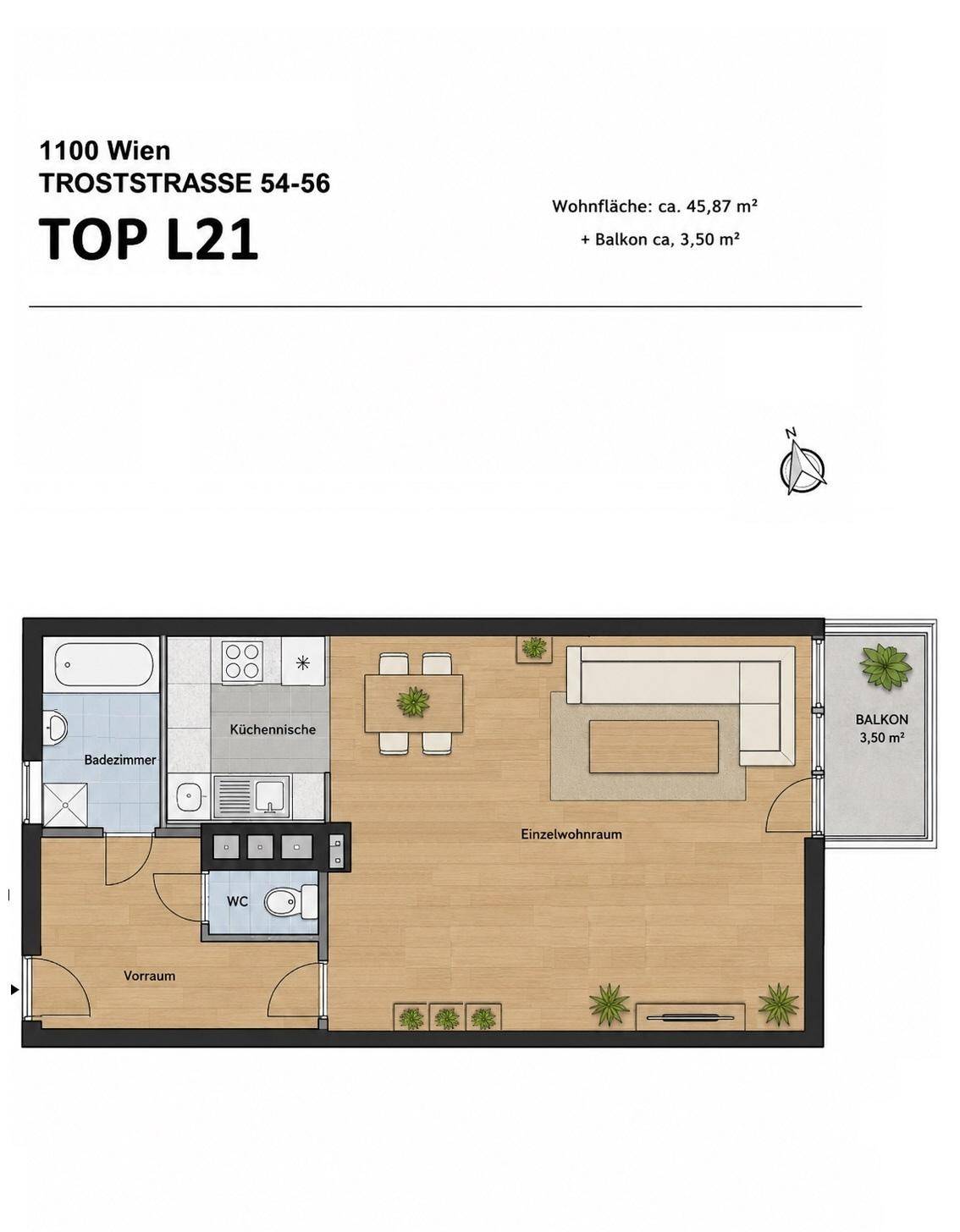 Grundriss der Wohnung TOP L21 mit 45,87 m² Wohnfläche und einem 3,50 m² großen Balkon.