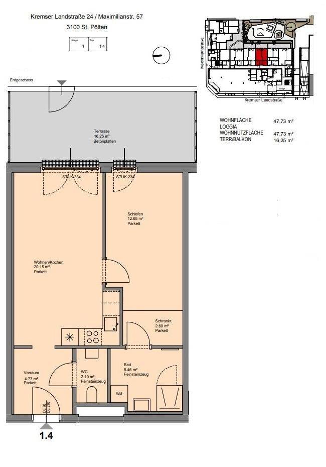 Detaillierter Grundriss einer Wohnung mit Wohnküche, Schlafzimmer und Terrasse.