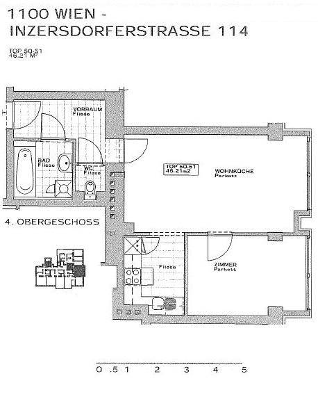 Grundriss einer 48,21 m² großen Wohnung mit Wohnküche, Zimmer, Bad und separatem WC.