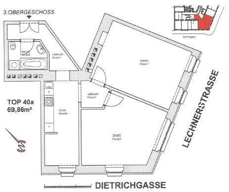Grundriss der Wohnung Top 40a im 3. Obergeschoss mit 69,86m² Wohnfläche.