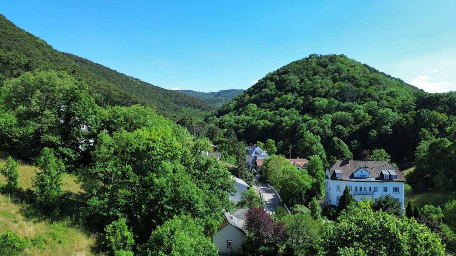 Luftaufnahme eines Wohngebiets in einem grünen Tal mit bewaldeten Hügeln unter blauem Himmel.