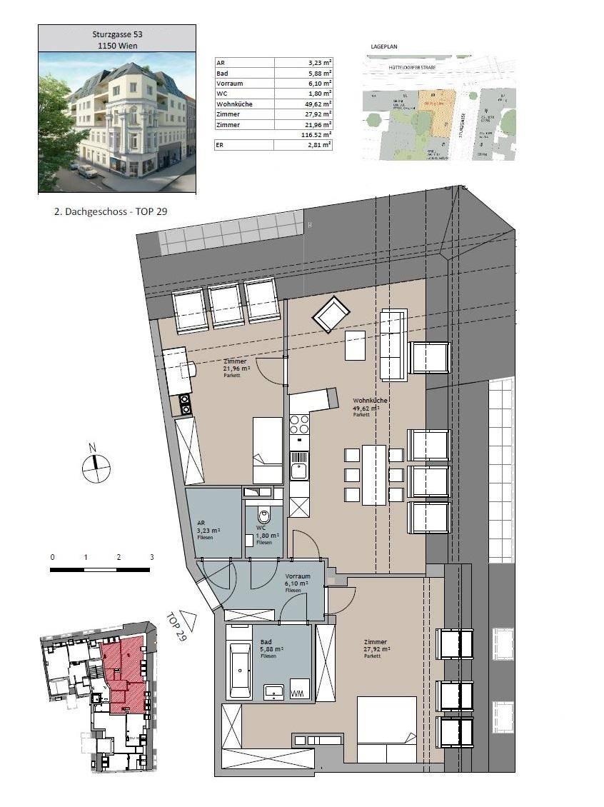 Detaillierter Grundriss einer Dachgeschosswohnung mit Raumaufteilung und Flächenangaben.