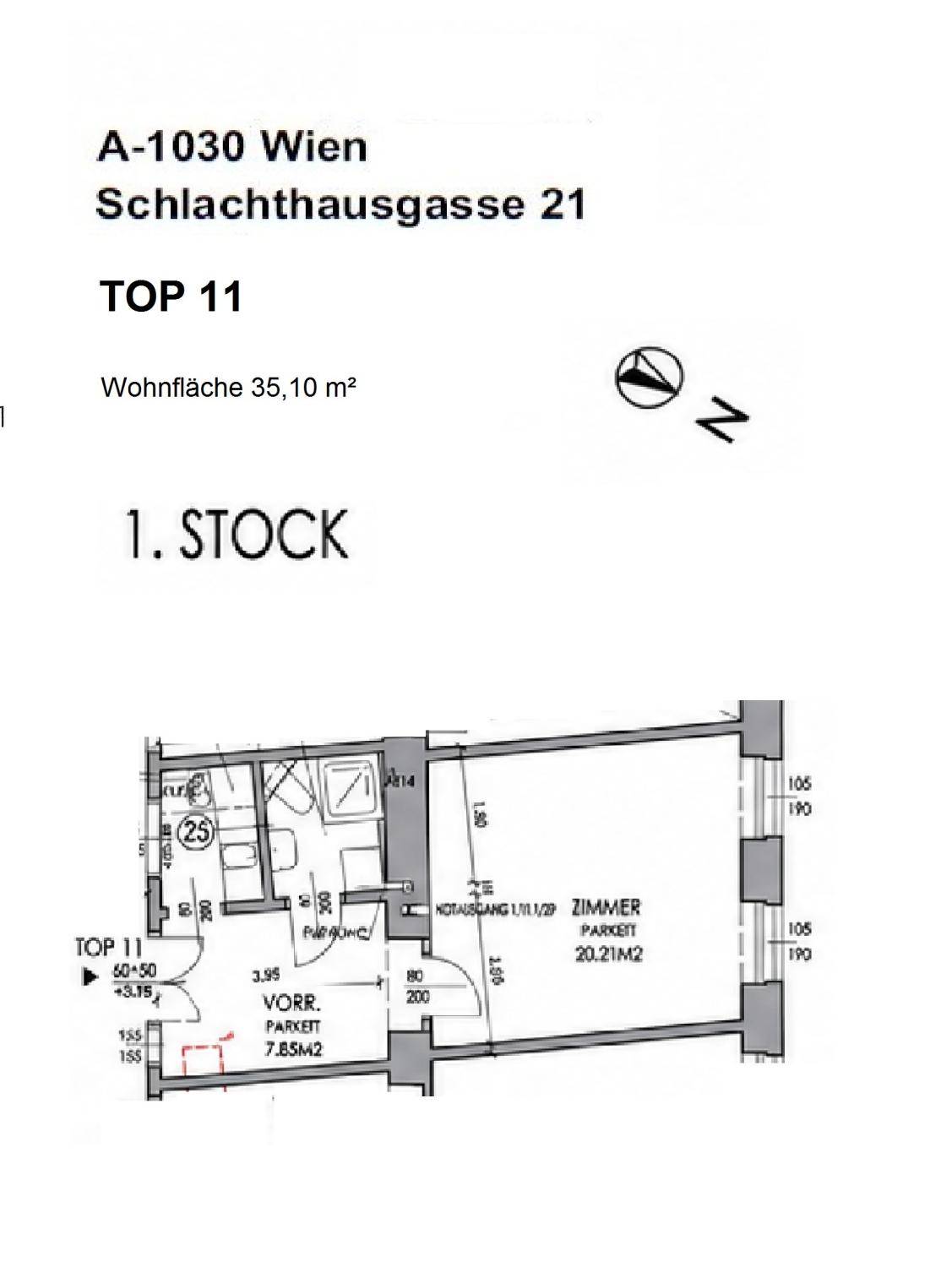 Grundriss der Wohnung Top 11 im ersten Stock mit Zimmer, Vorraum und Bad.