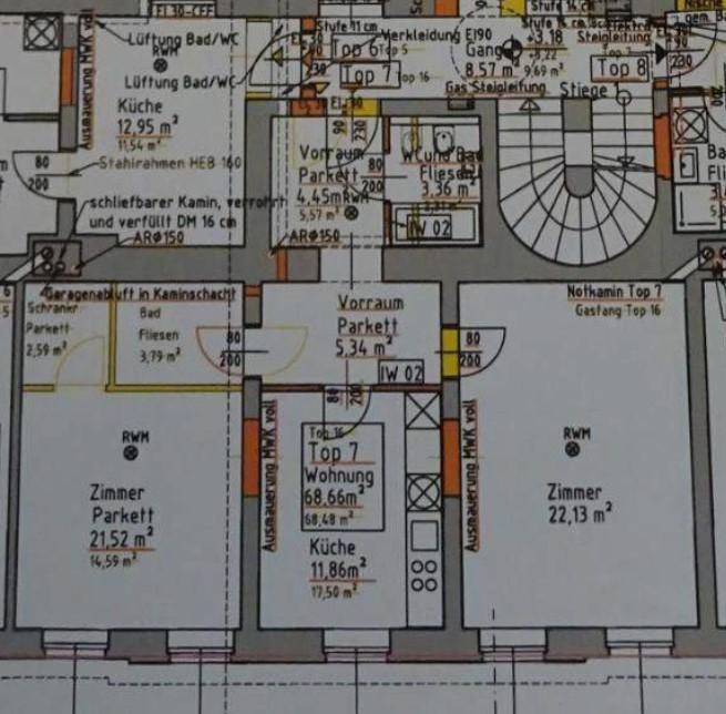 Detaillierter Grundriss einer Wohnung mit Zimmern, Küche und Bad, inklusive Flächenangaben.