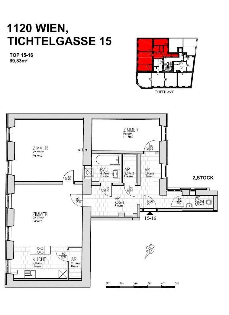 Grundriss der Wohnung Top 15-16 mit 89,83m² und detaillierter Raumaufteilung.