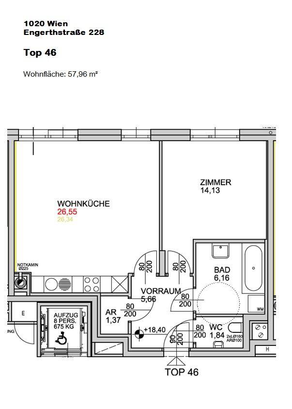 Grundriss der Wohnung Top 46 mit Wohnküche, Zimmer, Bad und Vorraum.