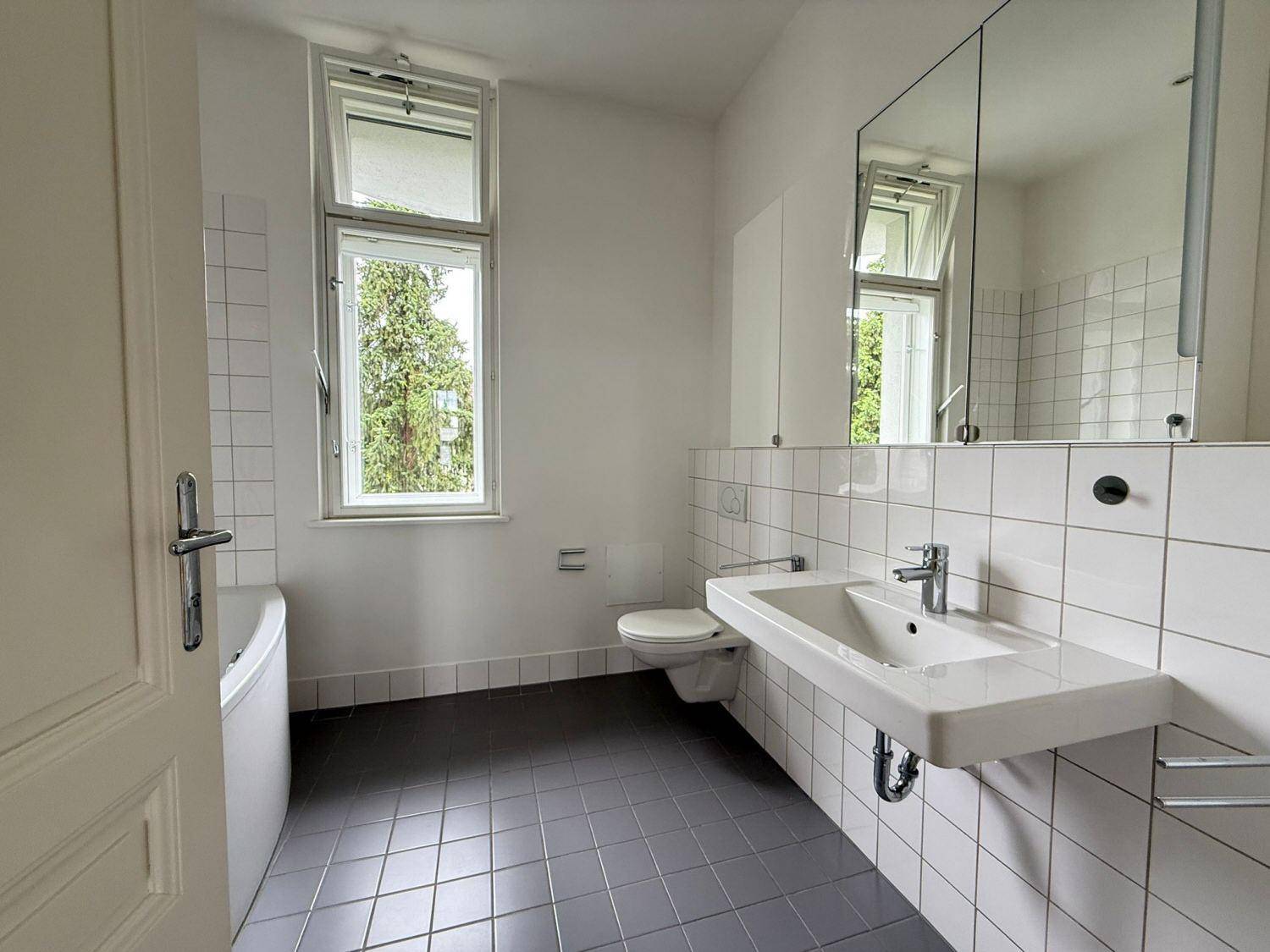 Helles Badezimmer mit Waschbecken, Toilette, Spiegelschrank und zwei Fenstern.