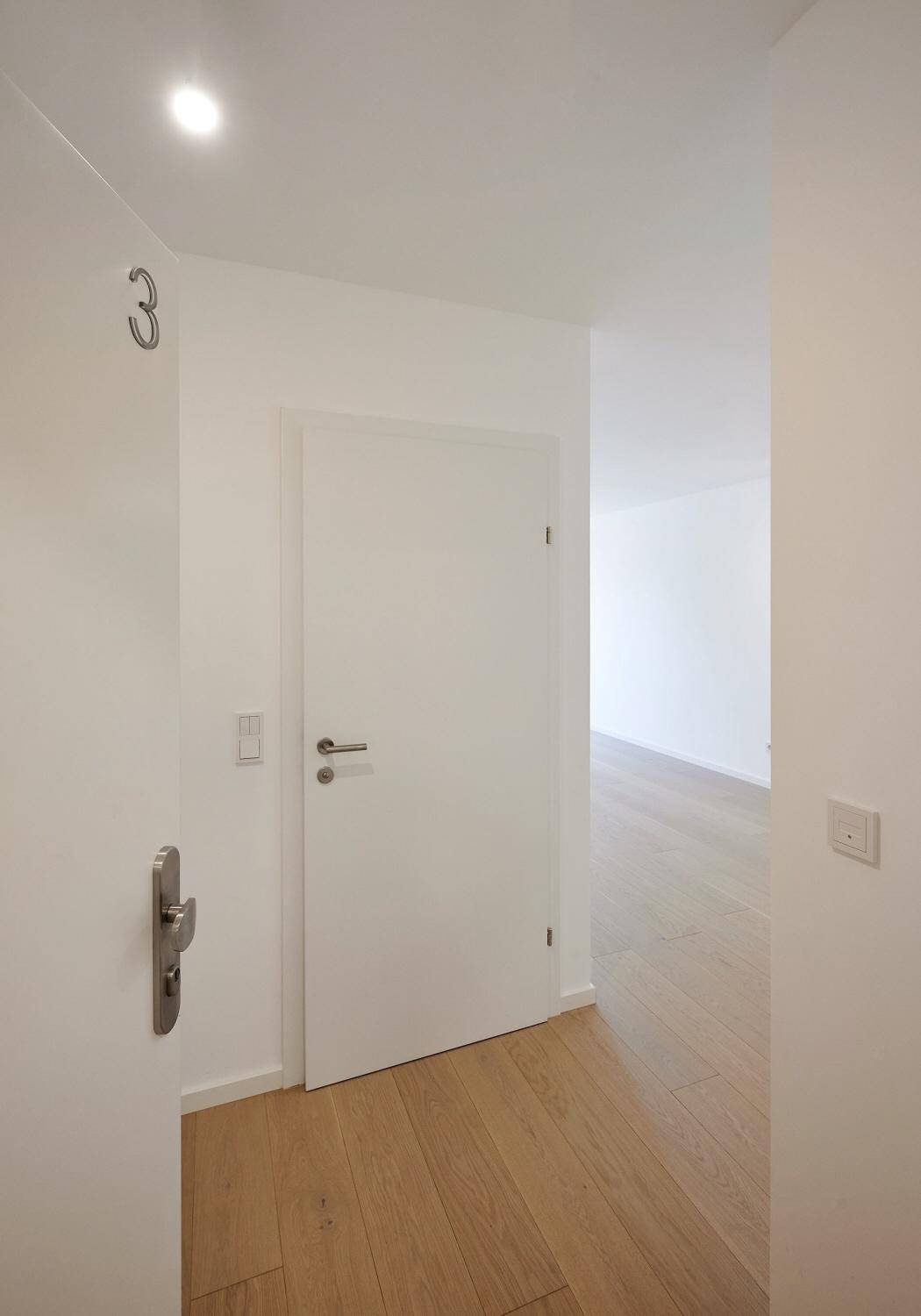 Heller Eingangsbereich mit Parkettboden und weißen Türen.