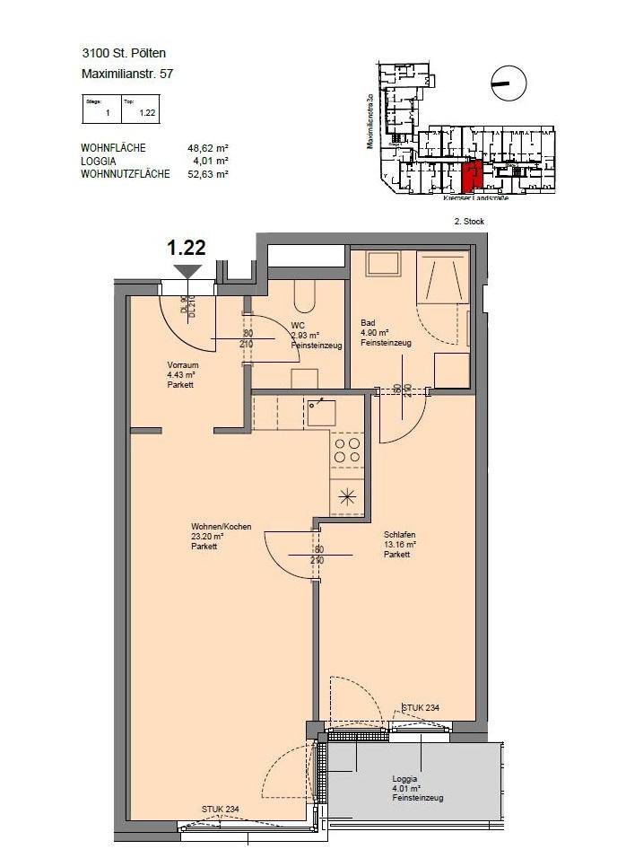 Grundriss einer Wohnung mit Loggia, Schlafzimmer, Bad und offenem Wohn-/Kochbereich.