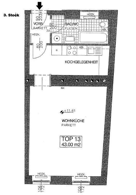 Grundriss für Top 13 mit 43 m², zeigt Wohnküche und Badezimmer mit WC.