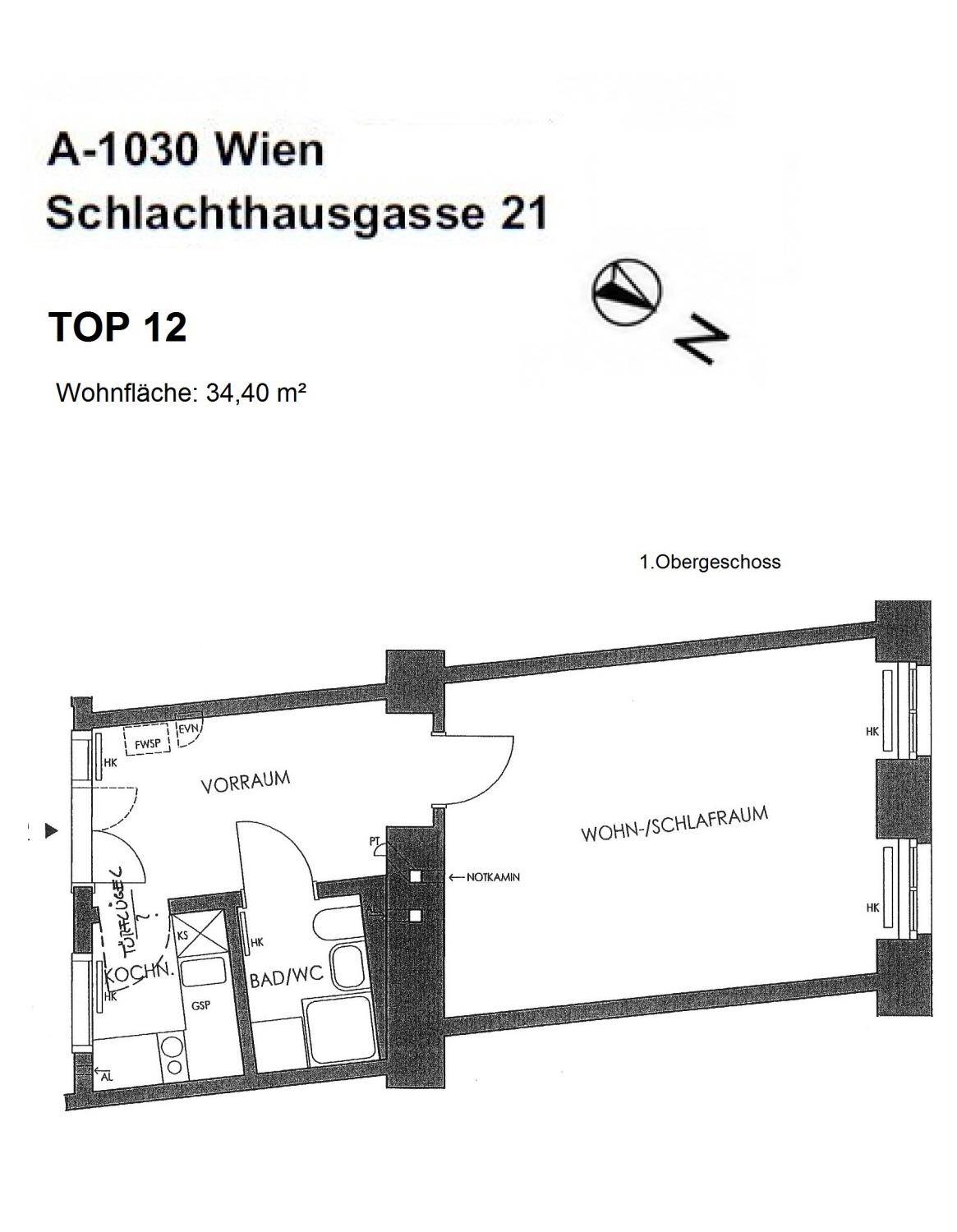 Grundrissplan einer kleinen Wohnung mit 34,40 m² Wohnfläche, bestehend aus Wohn-/Schlafraum und Bad/WC.