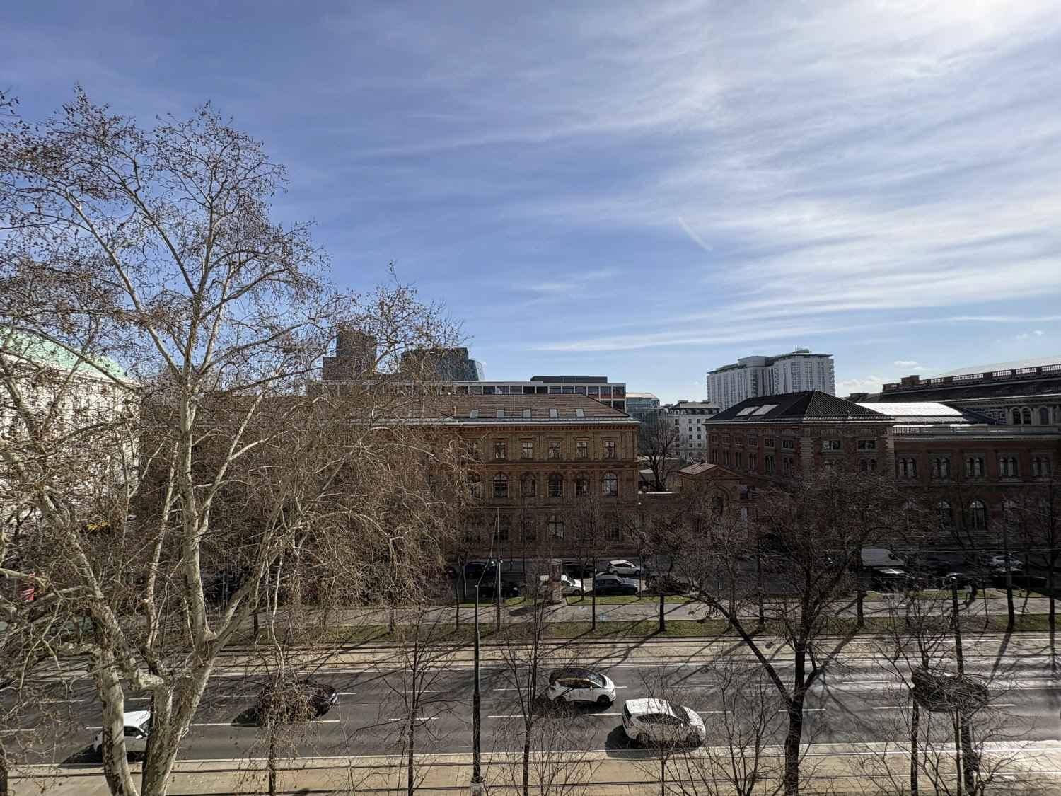 Blick auf die Stadt mit Bäumen und Gebäuden unter einem blauen Himmel, von einer oberen Etage.
