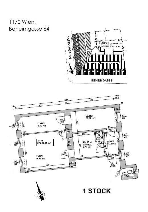 Grundrissplan für eine Wohnung im ersten Stock mit Zimmeraufteilung und Flächenangaben.