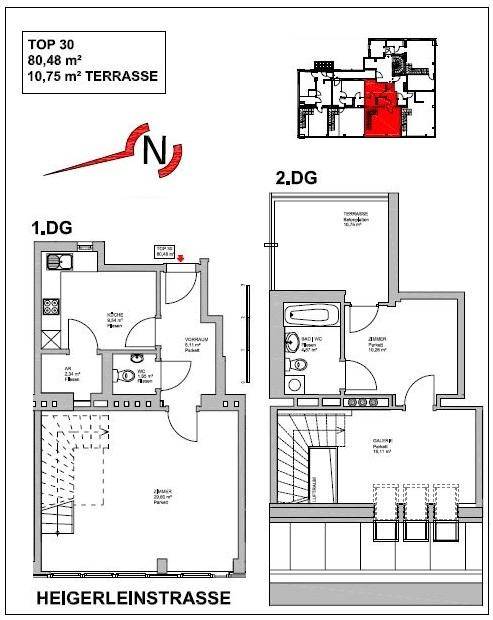 Grundriss einer Maisonette-Wohnung über zwei Ebenen mit Terrasse und detaillierter Raumaufteilung.