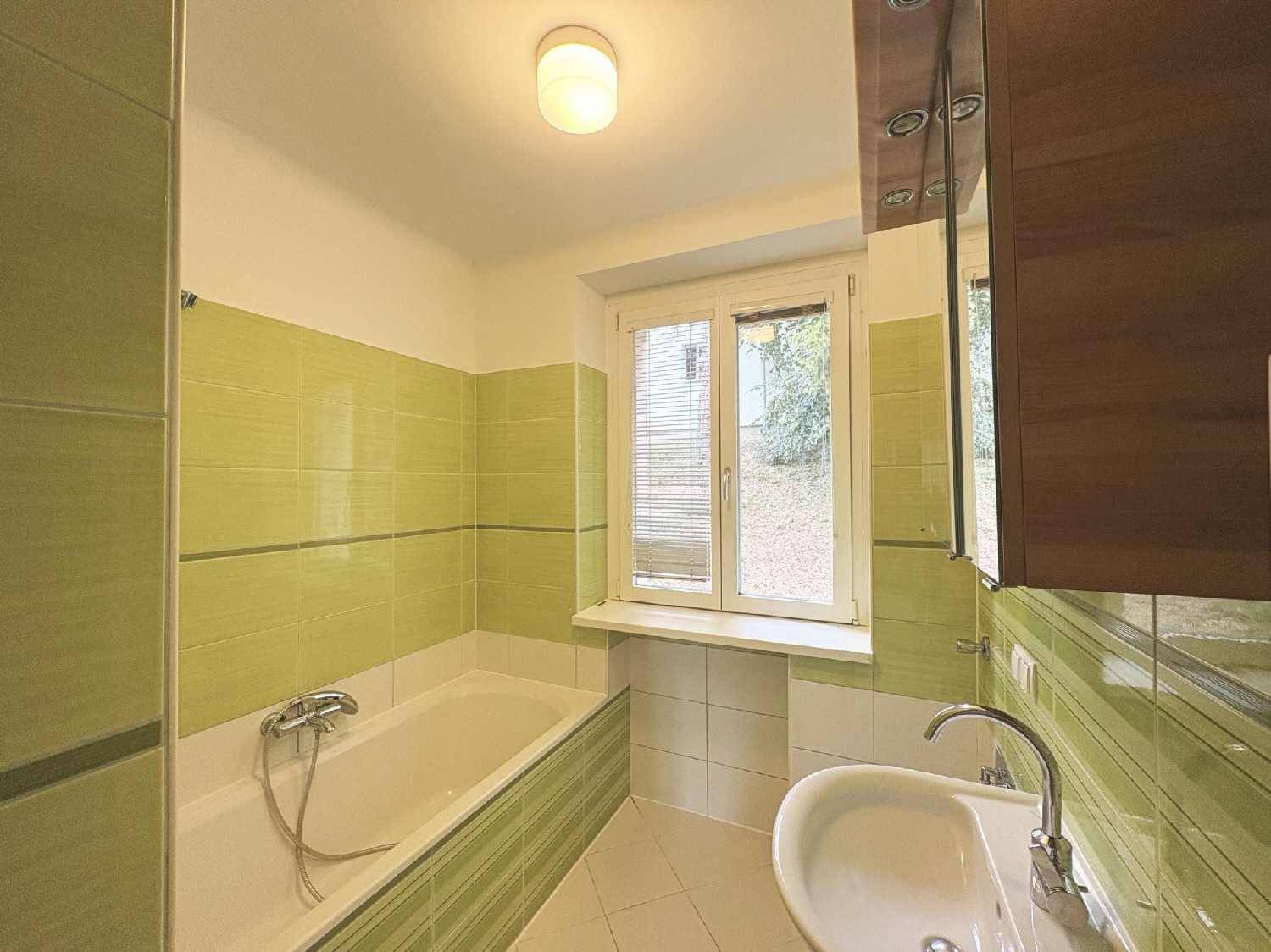 Badezimmer mit Badewanne, Waschbecken und grünen Fliesen an den Wänden.