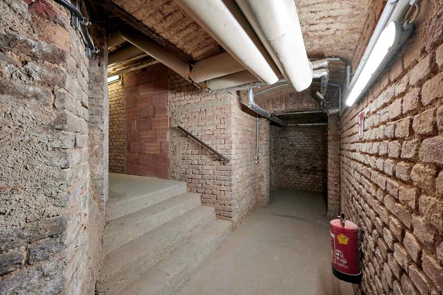 Unausgebauter Kellerbereich mit unverputzten Ziegelwänden, sichtbaren Rohren und Betonboden.