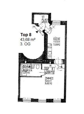 Grundriss der Wohnung Top 8 mit einem Zimmer, Küche und Bad auf 43,68 m².