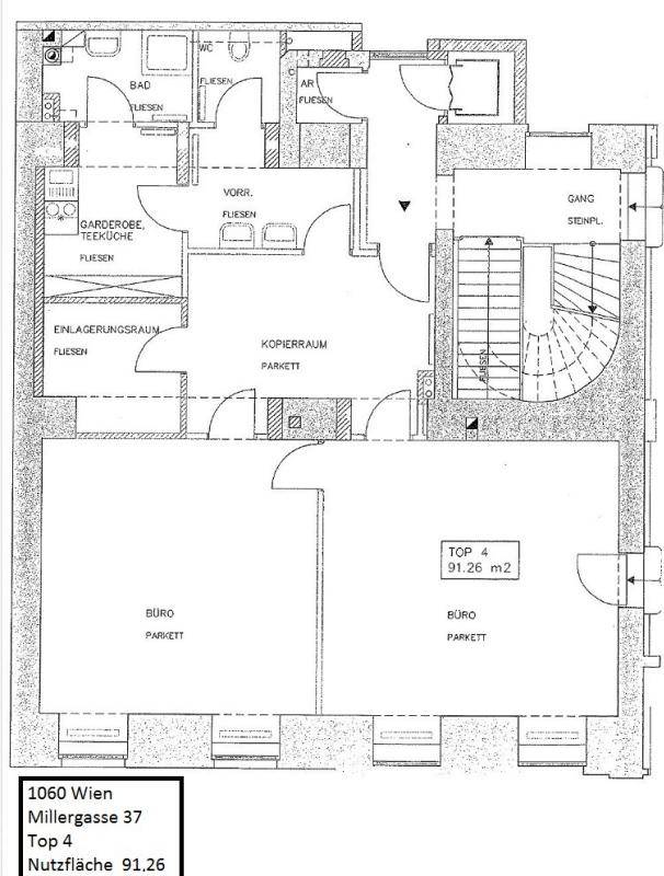 Grundriss einer Wohnung mit Büros, Bad und Abstellräumen, Gesamtfläche 91,26 m².