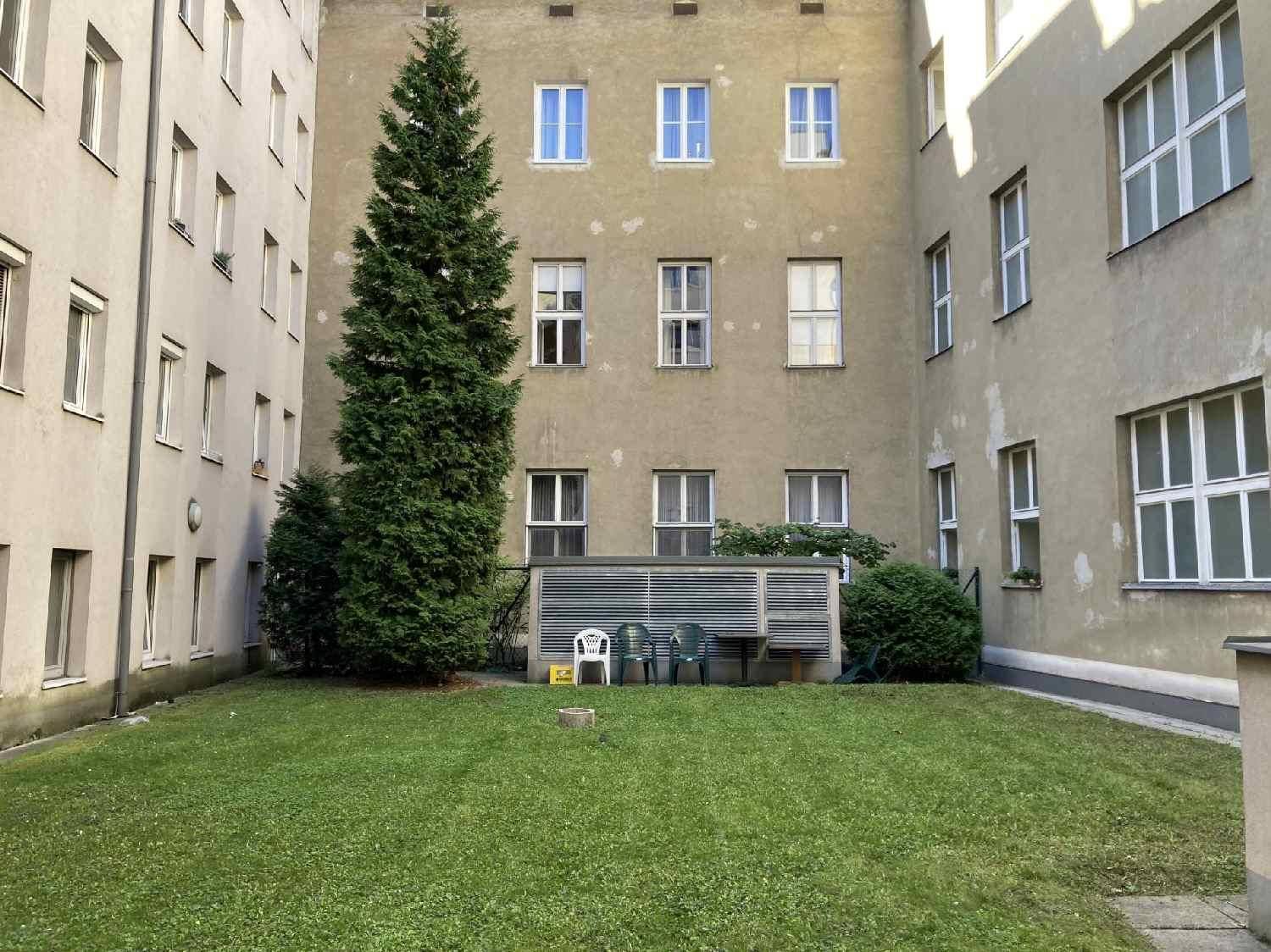Grüner Innenhof mit Rasenfläche, hohem Baum und Sitzgelegenheiten, umgeben von Wohngebäuden.