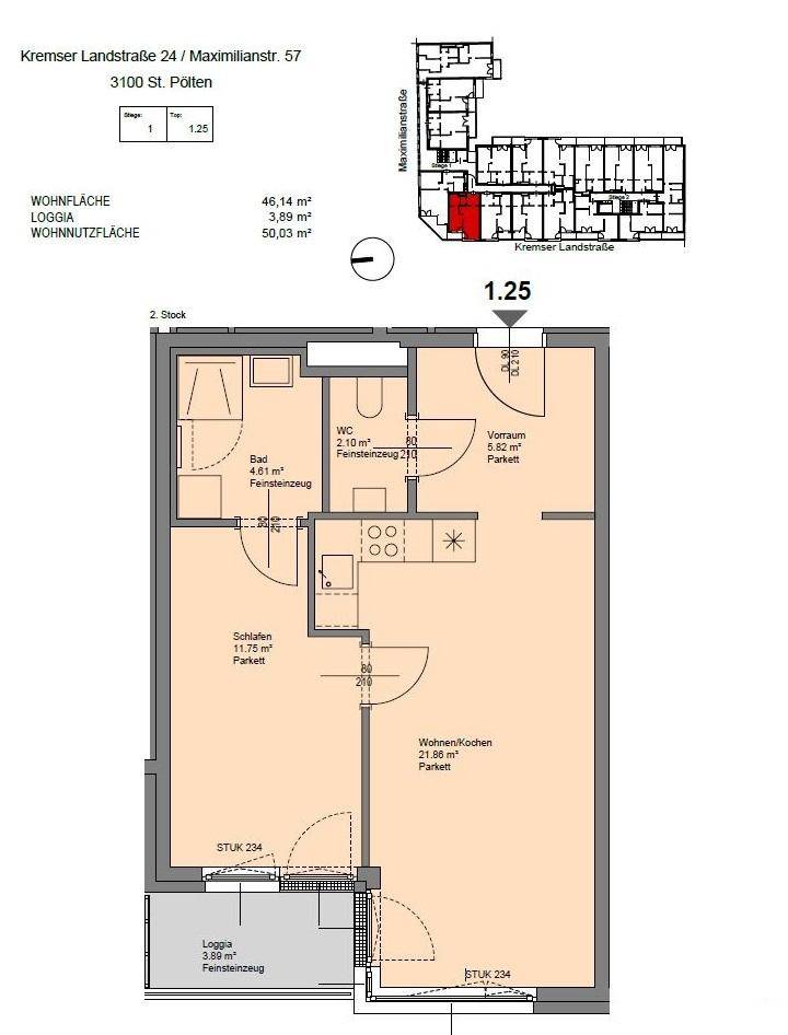 Detaillierter Grundriss einer Wohnung mit Wohn-/Kochbereich, Schlafzimmer und Loggia.