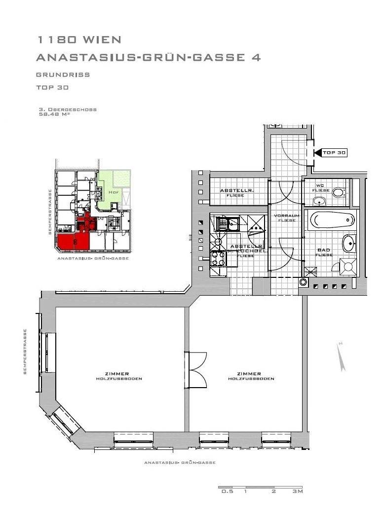 Grundriss einer Wohnung im 3. Obergeschoss mit zwei Zimmern und separater Küche.