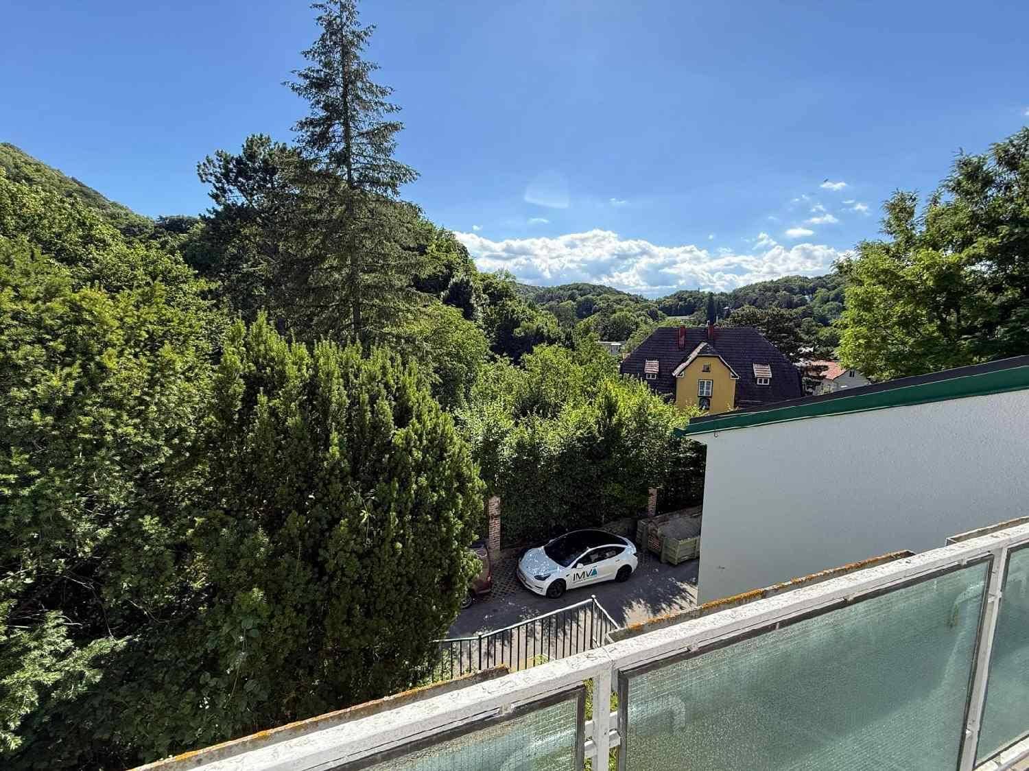 Panoramablick vom Balkon über eine grüne Hügellandschaft mit Häusern und Bäumen.