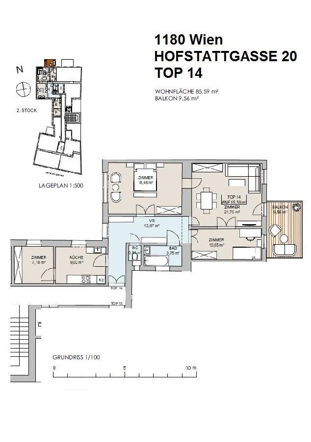Detaillierter Grundriss der Wohnung Top 14 mit Raumaufteilung und Balkon.